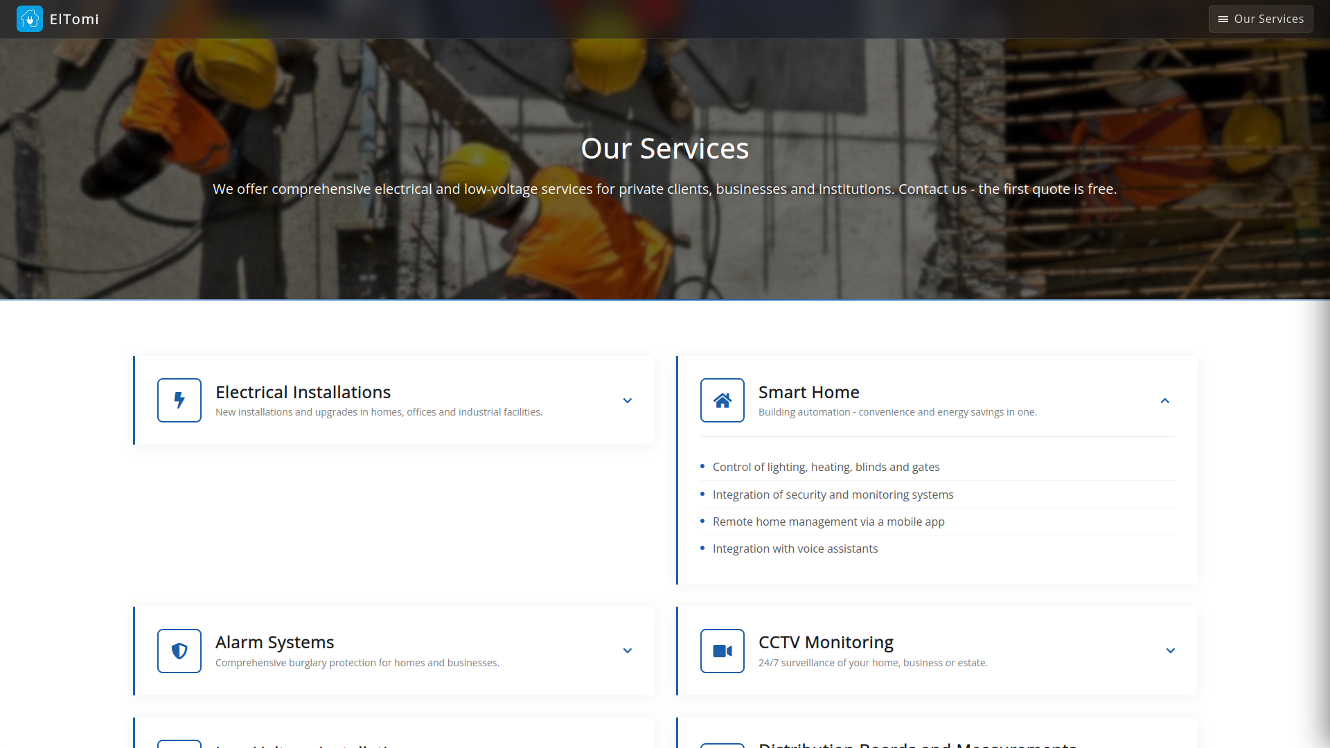 Electrical contractor website - services section