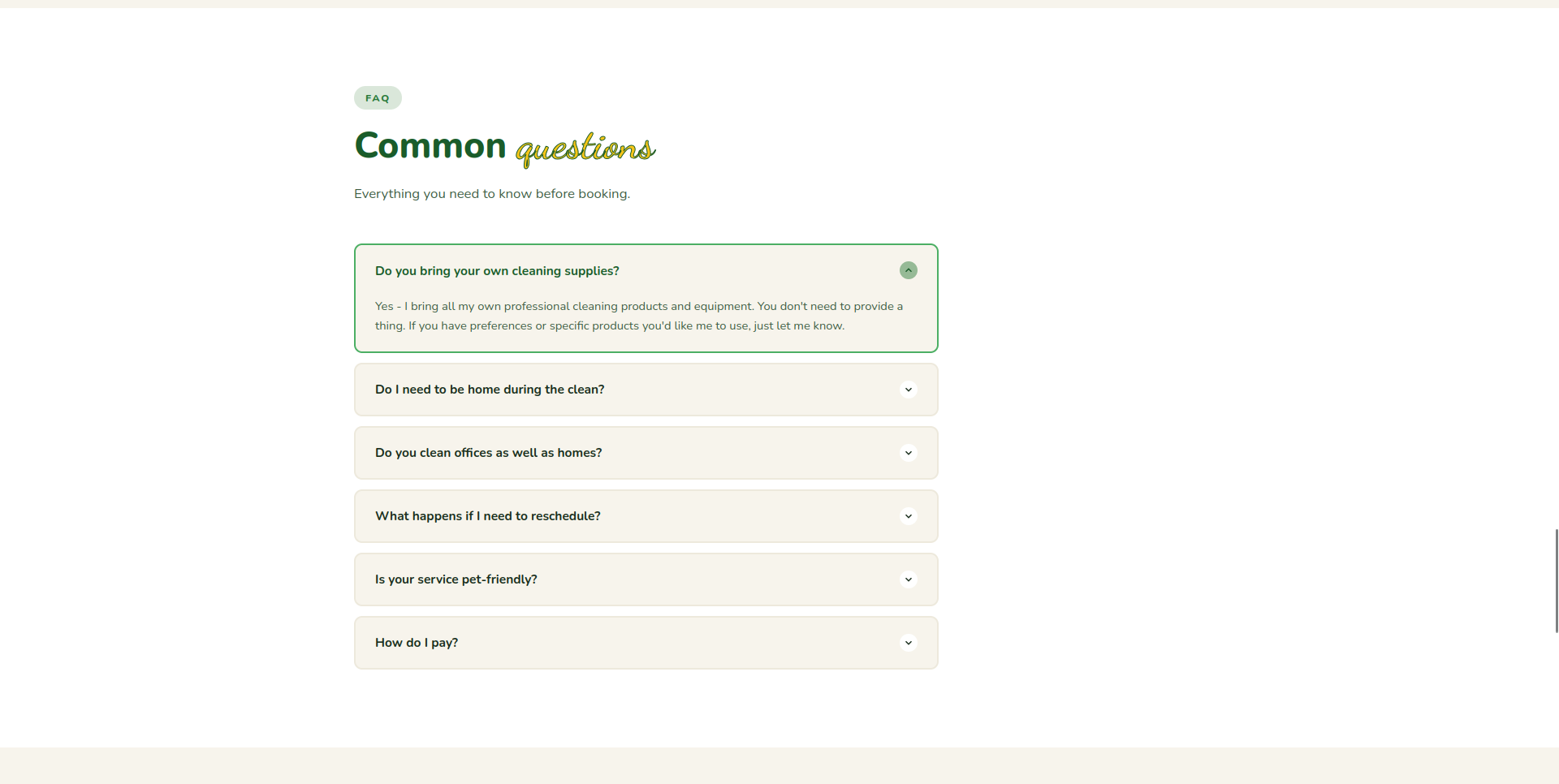 Cleaning service website - FAQ section