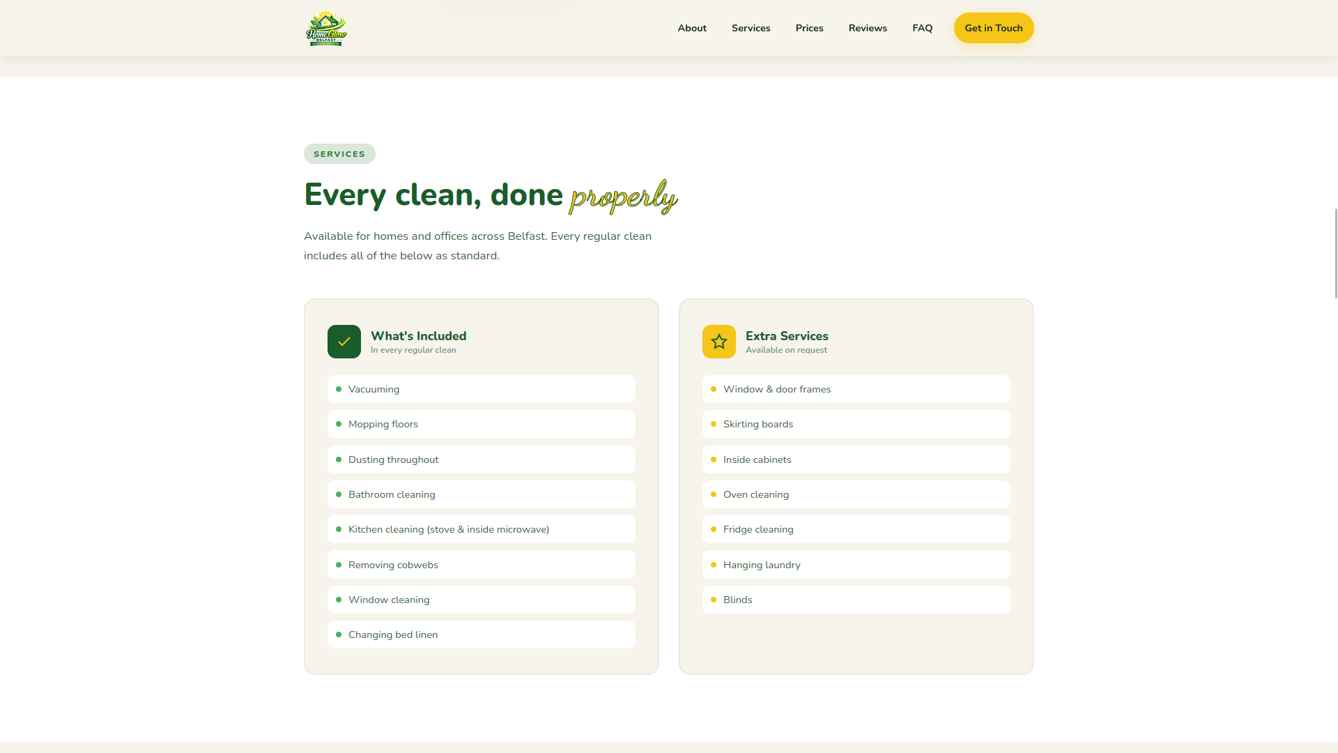 Cleaning service website - services section