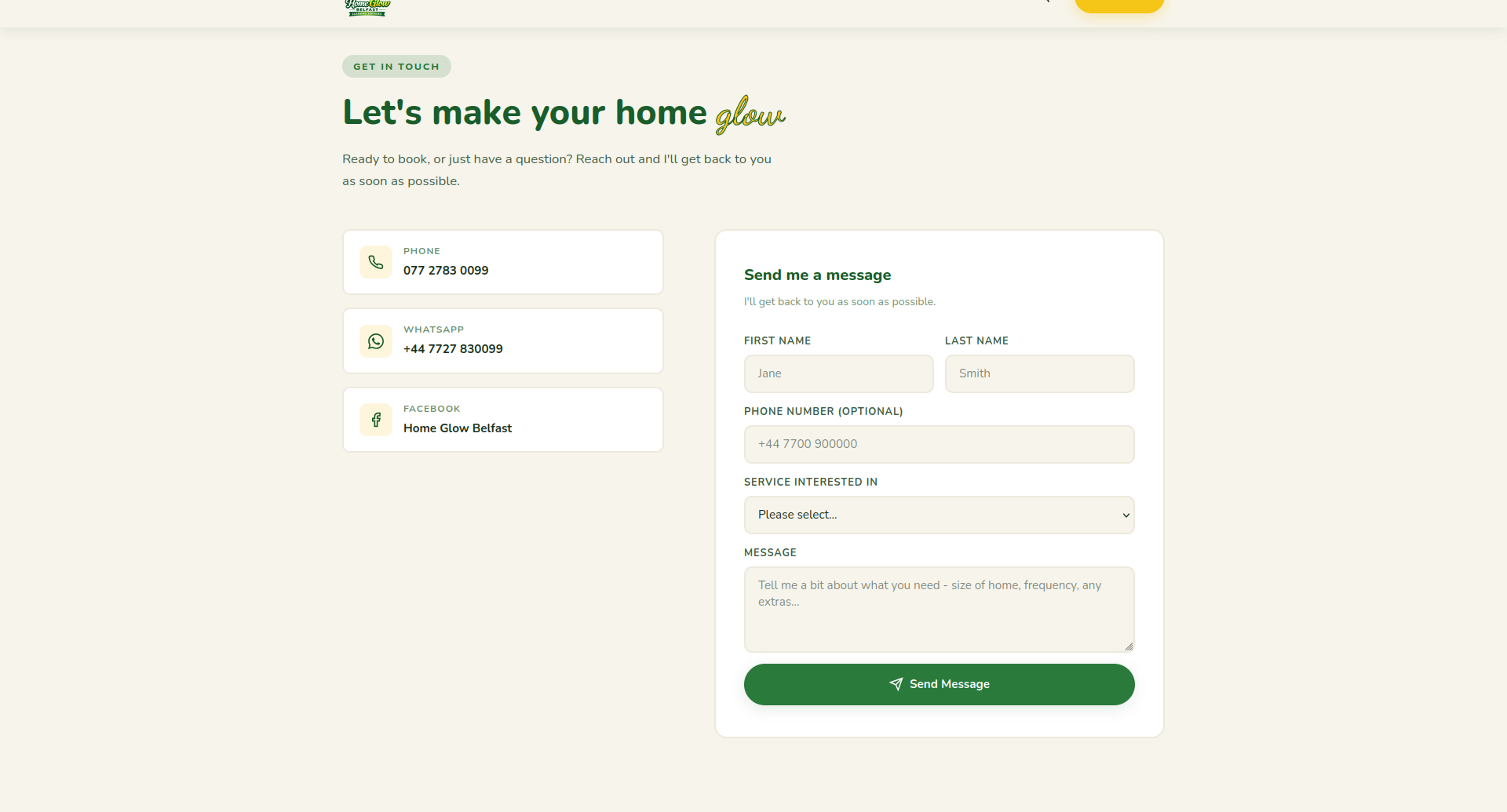 Cleaning service website - contact section